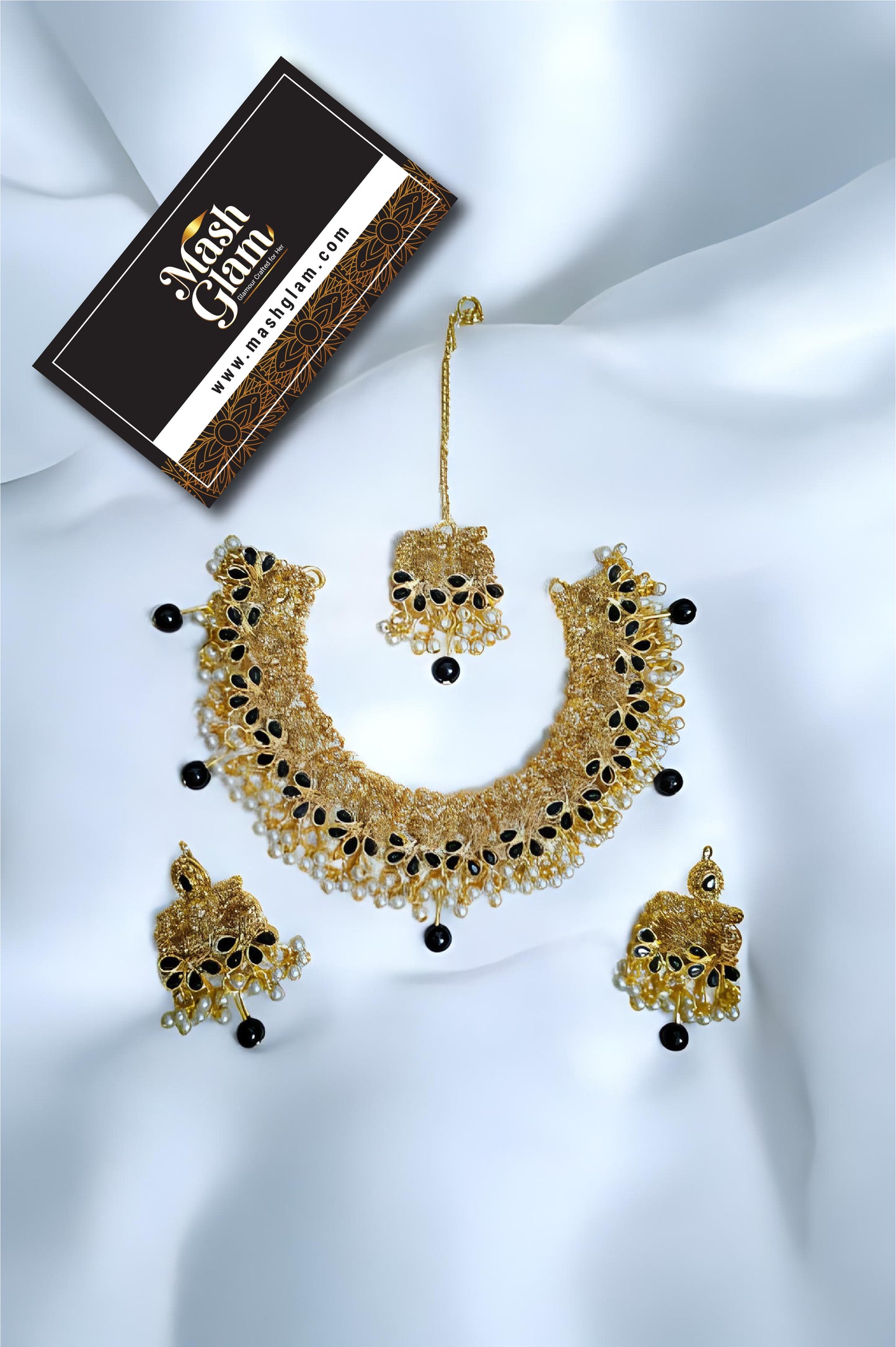 Gold-Plated Choker Necklace Set with Black Beads